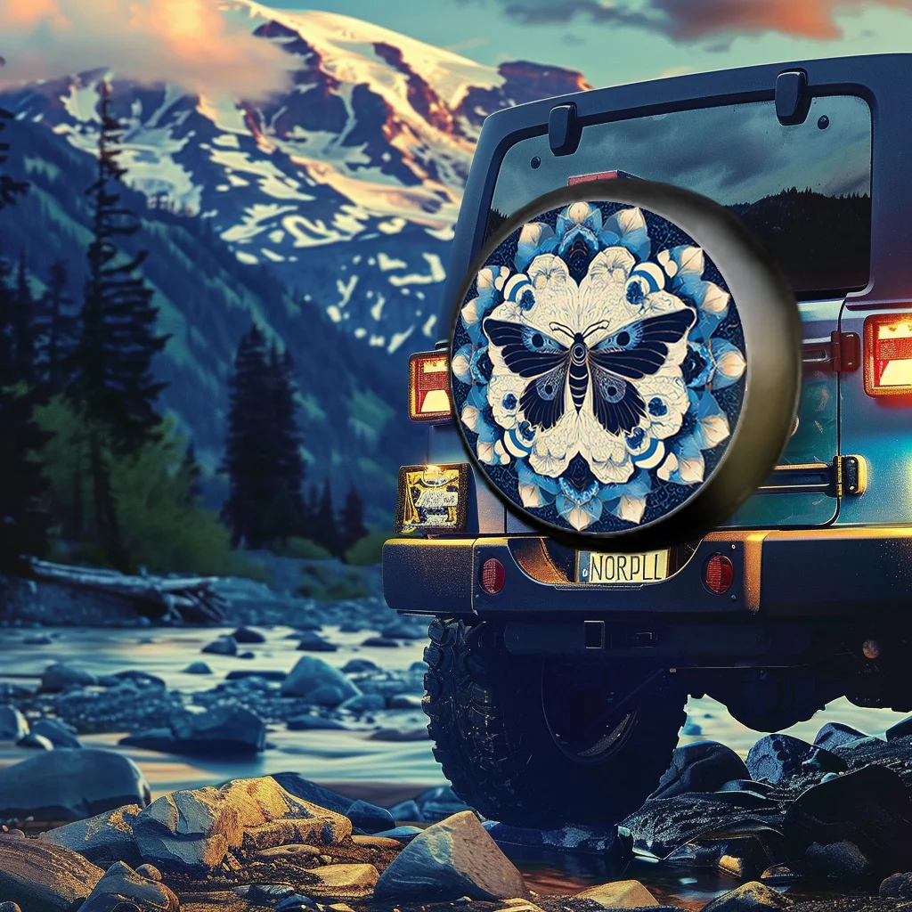 Blue Butterfly Mandala Car Tire Cover Bohemian Polyester Waterproof Spare Wheel Protector