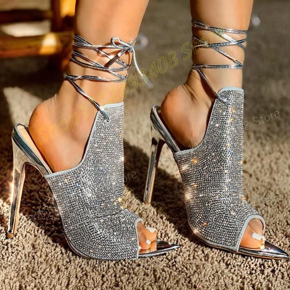 

Sliver Crystals Peep Toe Strappy Sandals Patent Leather Stiletto High Heel Fashion Sexy Women Shoes 2024 New Zapatos Para Mujere