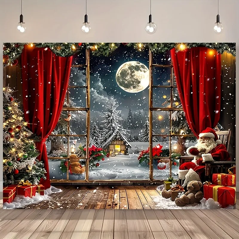 Fondo de decoración para fiesta del día de Navidad, tela con vista nocturna de invierno, tapiz de árbol de Navidad de Papá Noel, decoración del hogar