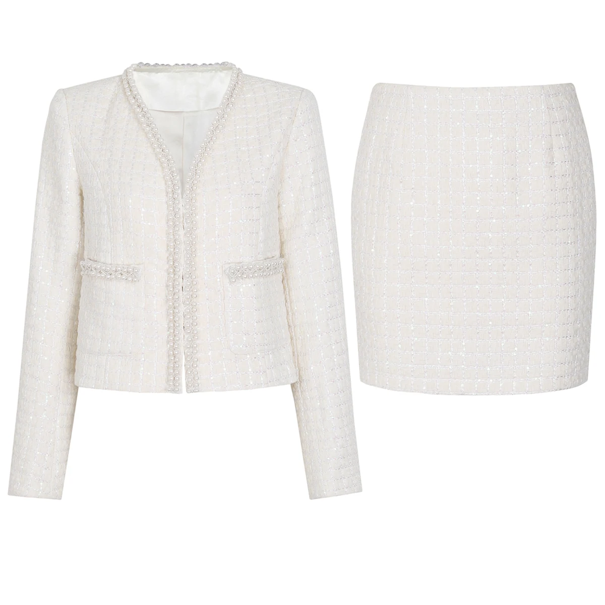 25313 high-quality spring and autumn new item heavy industry sequin knitted small fragrance style top jacket+half skirt set