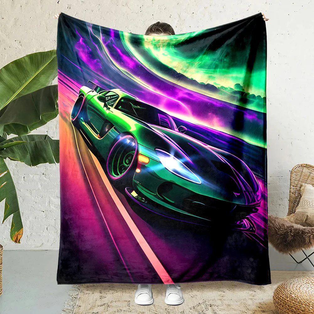 

Neon-colored sports car pattern Flannel printed blanket suitable for all seasons suitable for living room office sofa and travel