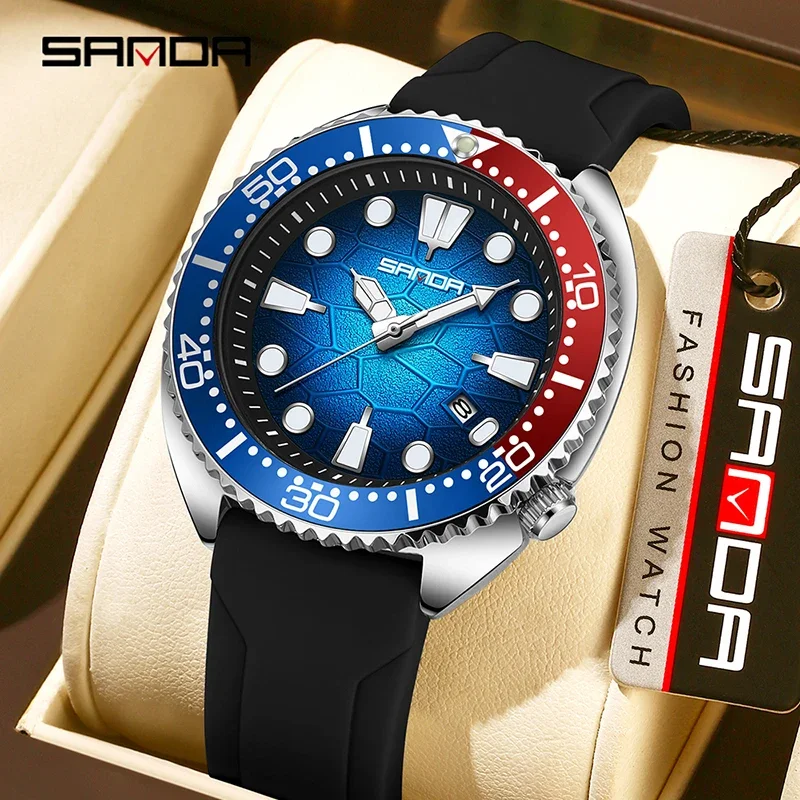 SANDA New Men Quartz Watch Rotatable Bezel Luminous Calendar 3Bar Waterproof Silicone Strap Luxury Casual Sport Man Watches