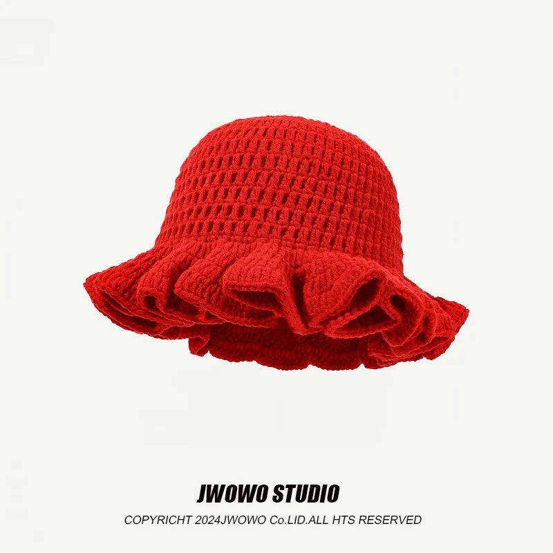 New Handcrocheted Solid Color Bucket Hat Women's Autumn and Winter Pleated Ruffle Leaf Edge Versatile Simple Knitted Beanie Cap