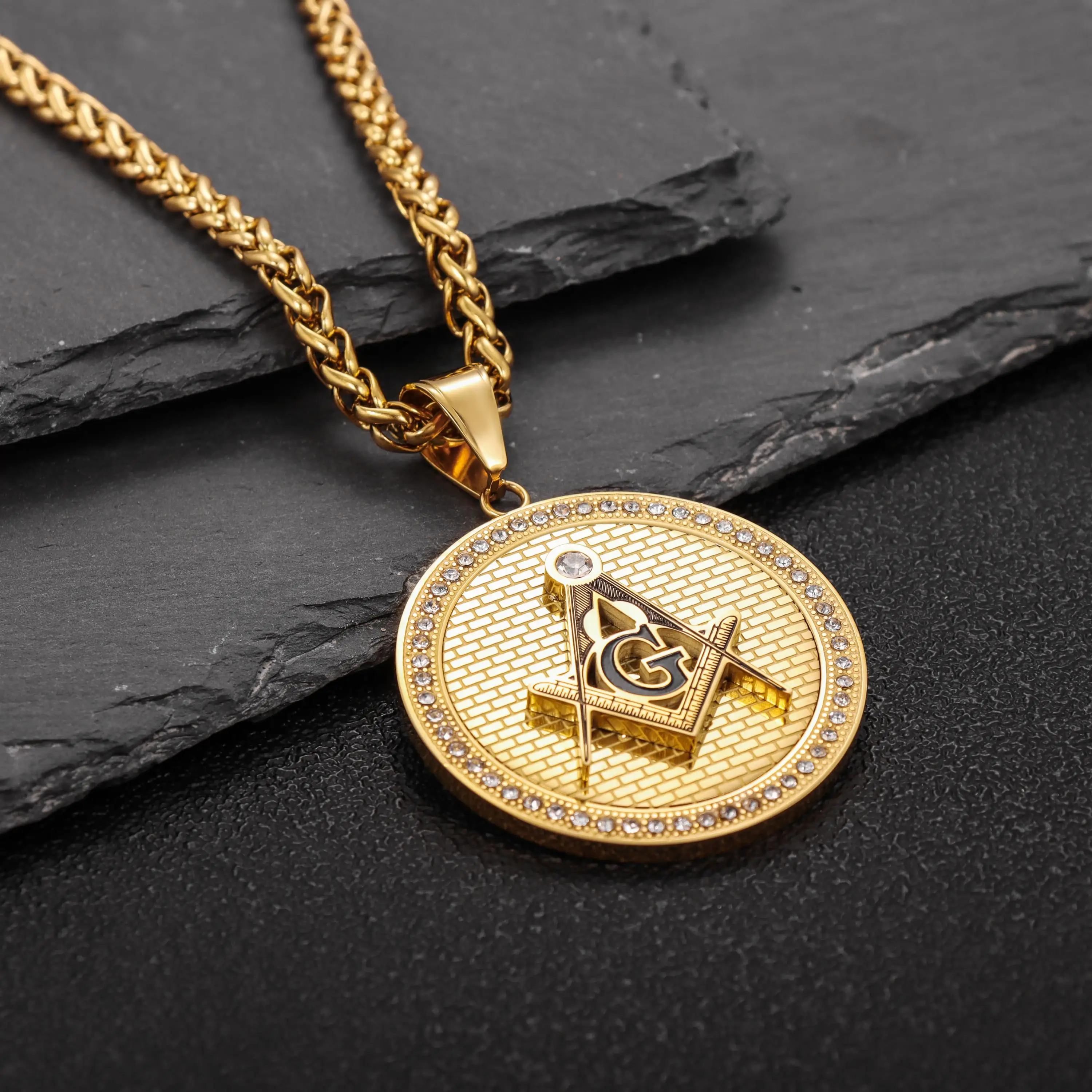 HAWSON Masonic Crystal Pendant Necklace For Men Stainless Steel Compass Square Letter G Symbol Party Jewelry Gift