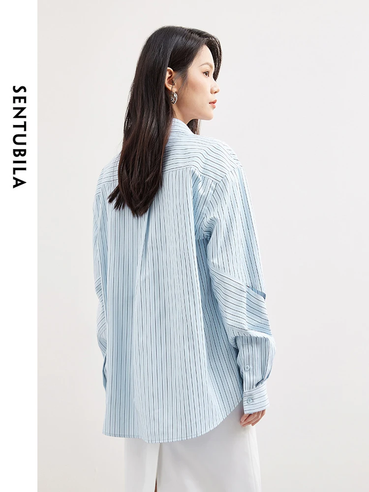 SENTUBILA Irregular Striped Women\'s Blouse 2024 Spring Hollow Out Casual Button Up Polo Collar Long Sleeve Shirts Tops 141C53285