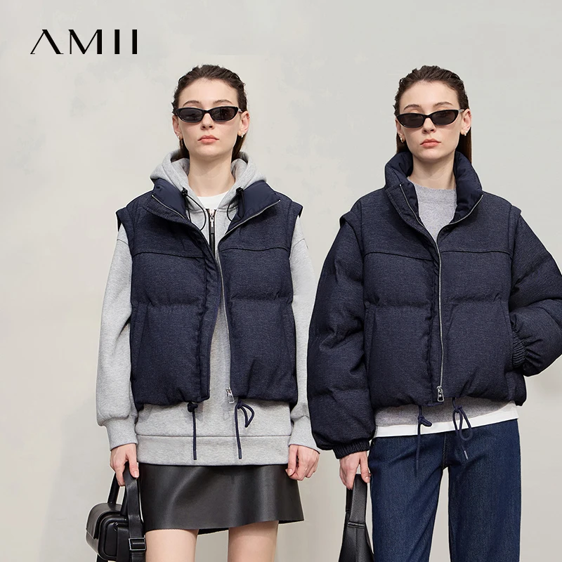 Kurtka puchowa damska Amii, nowość na zimę 2025, ciepła, zapinana na zamek, z odpinanymi rękawami, luźna, uniwersalna, krótka kurtka puchowa, odzież damska 12544073