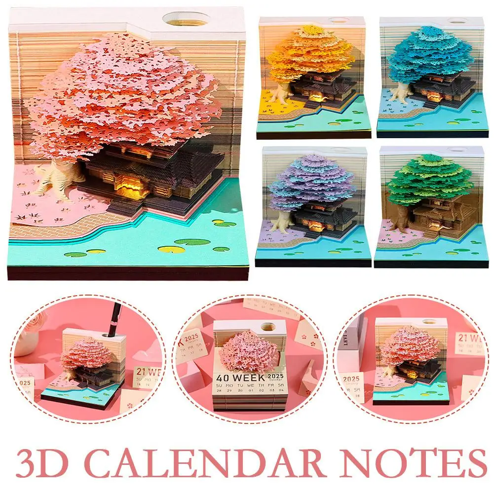 3D Sakura Light Edition Office Desk Notepad, Creative Carving Sculpture Paper Desk Notepad Gift Home DIY Gift Office B5F5