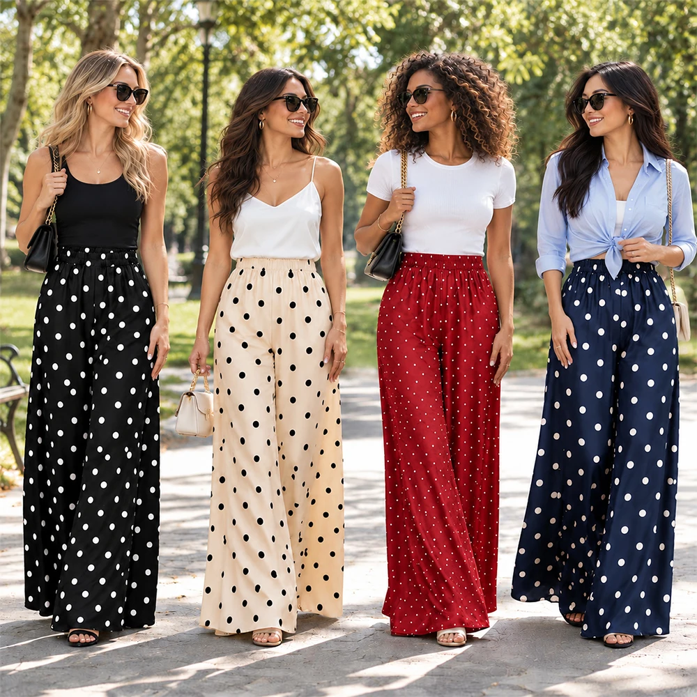 2026 New Women Polka Dot Print Palazzo Pants  Elastic Loose Wide Leg Pants Elegant Holiday Casual Trousers