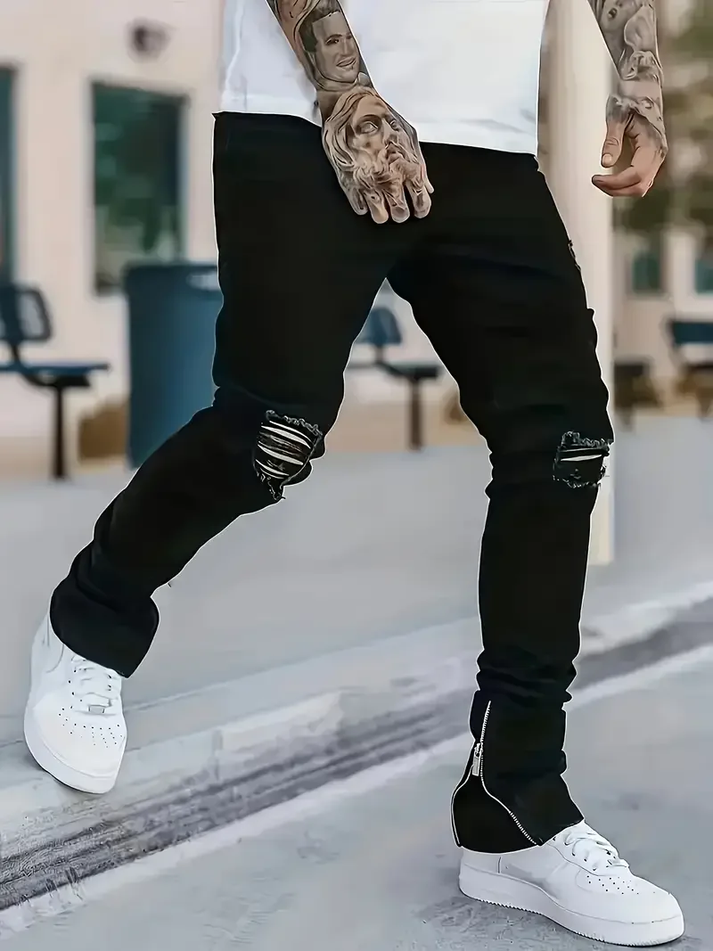 

Men's Slim Fit Black Jeans - Street Style, Cotton Blend, Mid-Stretch Fabric, Ripped Detail, All-Season Wear