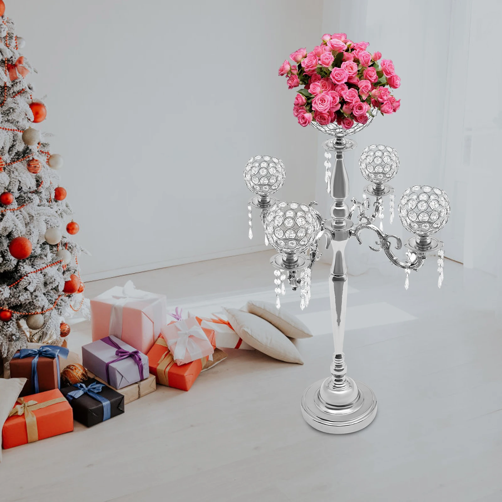 35In Silver 4-Arm Crystal Candelabra with 1-Arm Vase -Candle & Floral Holder, Centerpiece Decor for Wedding,Halloween, Christmas