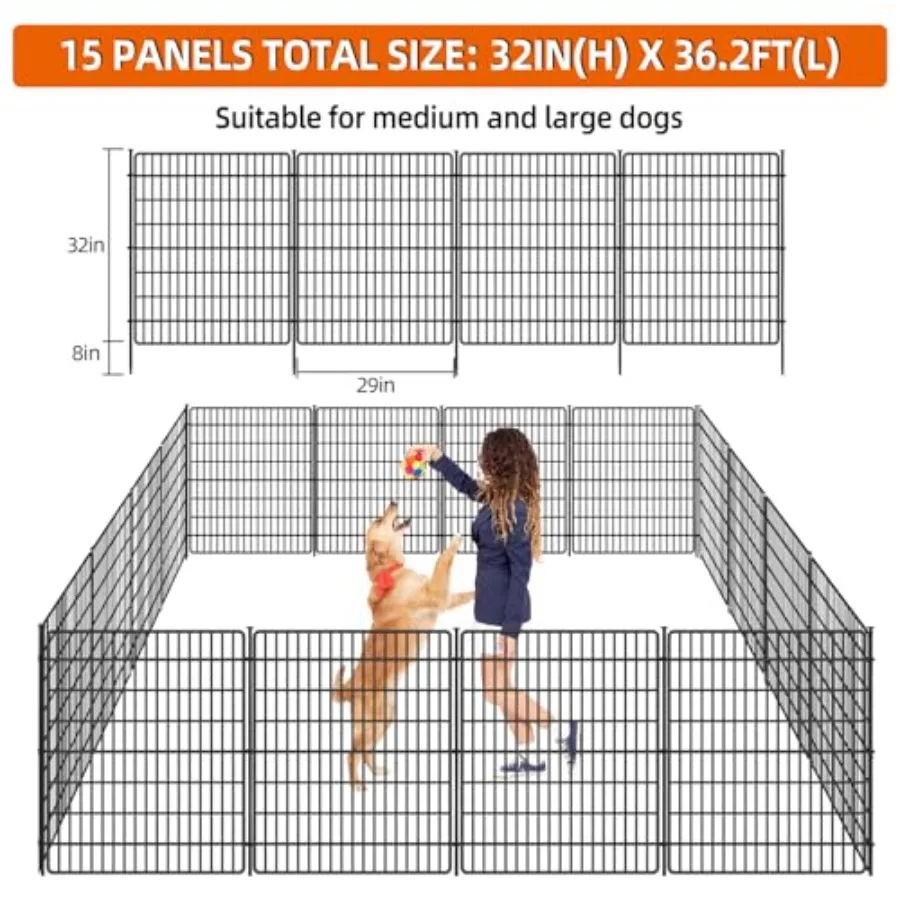 15 Panels No Dig Fence with Gate 32 in H X 36 ft(L) Garden Decorative Fence Animal Barrier for Dogs Rustproof Metal Garden Edgi