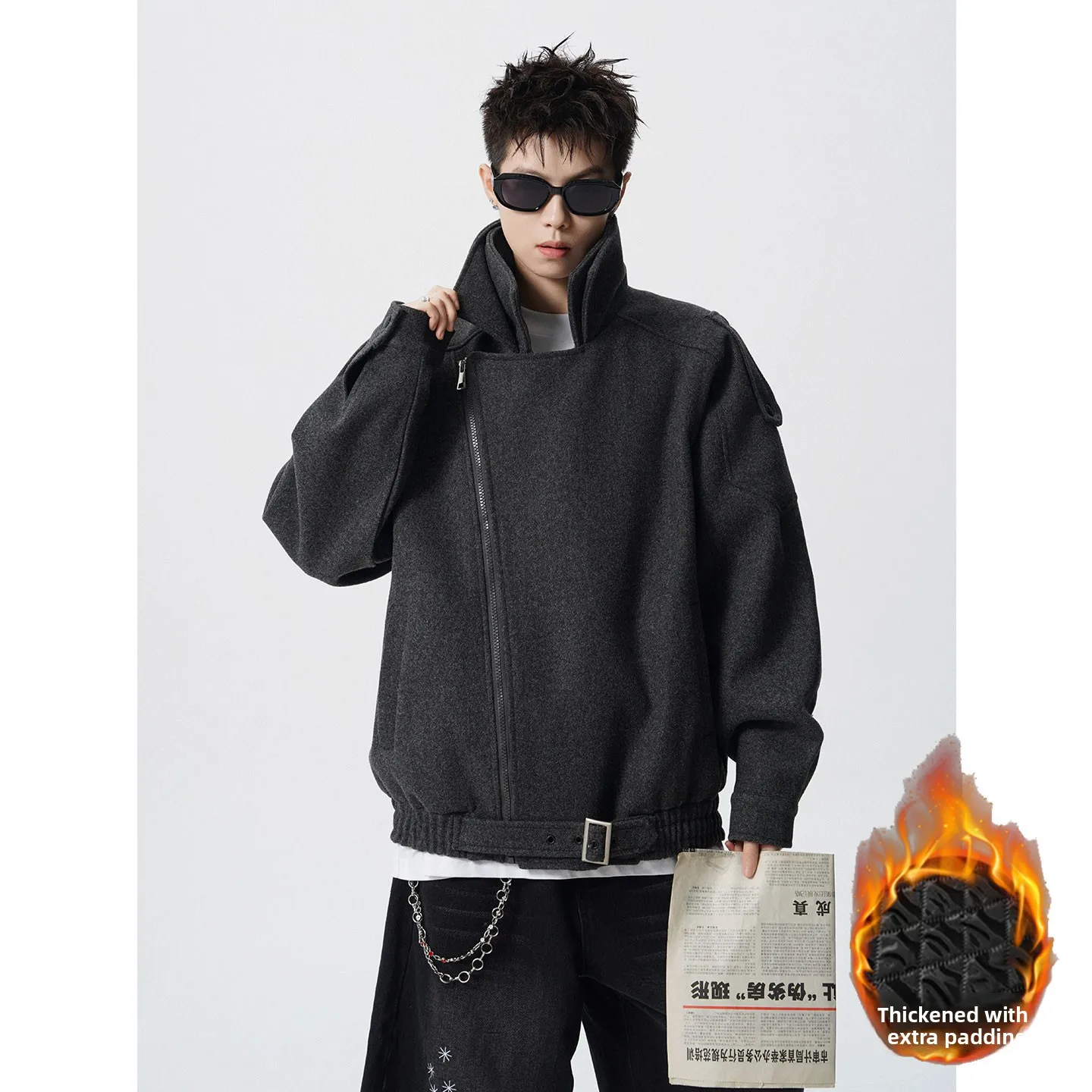 

American Sle Thiened Double Layer Collar Men's Winter Woolen Coat with Slant Zipper Retro Faion Design Outerwear