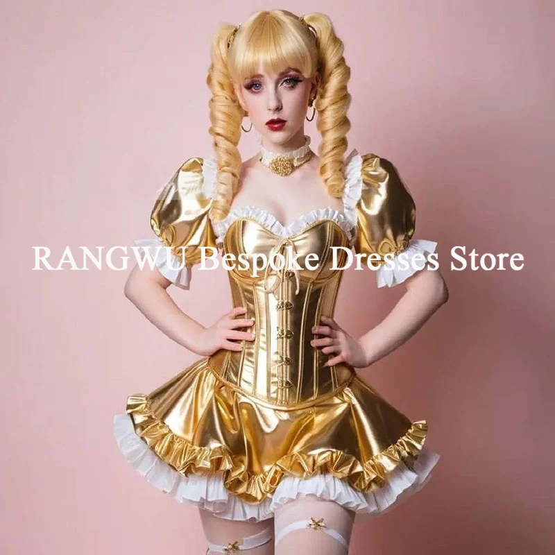 French Maid Costume Prom Dress 2025 Sweetheart Gold Mini Faux Pu Short Evening Dress Cosplay Cocktail Formal Birthday Customized