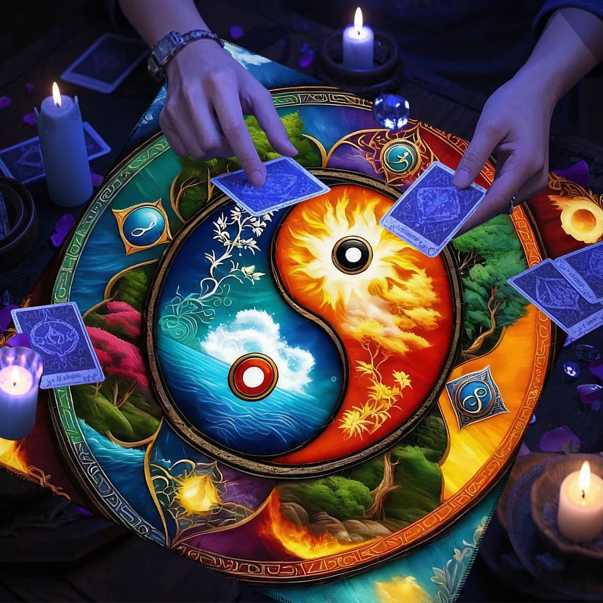 Yin Yang Symbol Altar Cloth Tarot Tablecloth with Flames, Water, Trees Witchcraft Astrology Divination Cloth Occult Home Decor