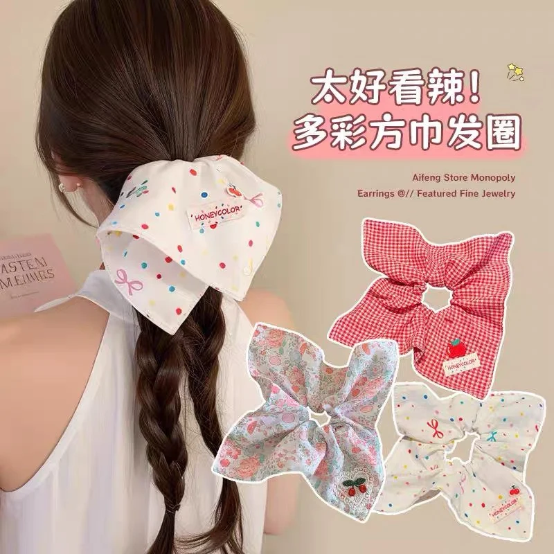 

Premium Cherry Bandana Style Hair Scrunchie for Women Elegant Floral Soft Pink Bubble Hair Tie Low Ponytail Elastic Accessory