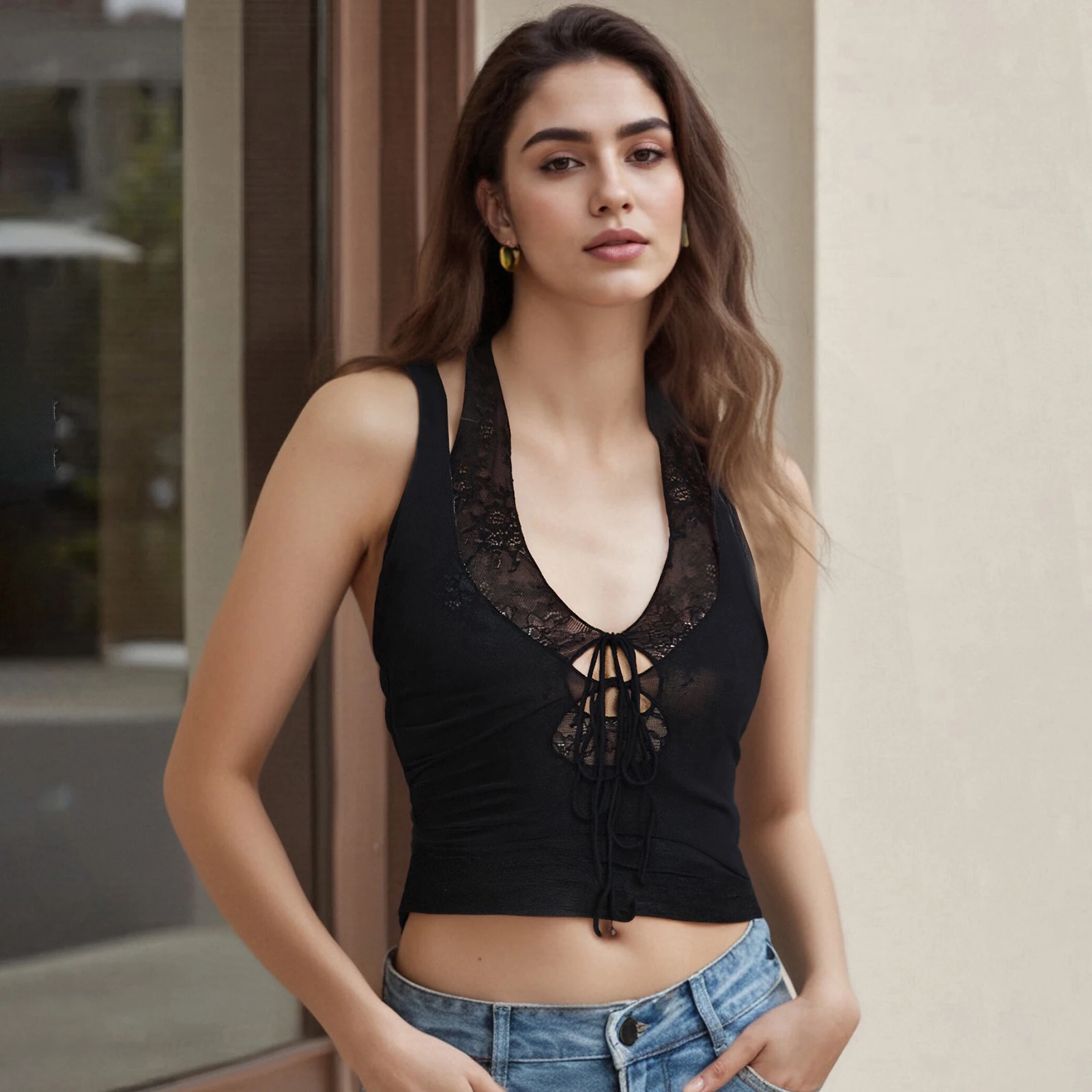 Women's Fake-two Piece Tank Tops Sleeveless Halter Neck Tie Front Lace Patchwork Vest