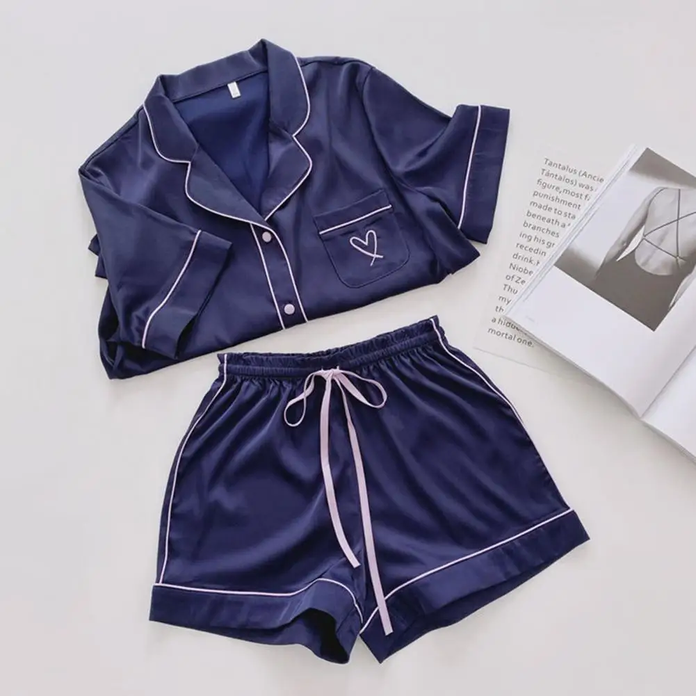 

2Pcs Women Pajamas Set Lapel Short Sleeve Single-breasted Elastic Waist Drawstring Ice Silk Shirt Shorts Homewear Sleepwear