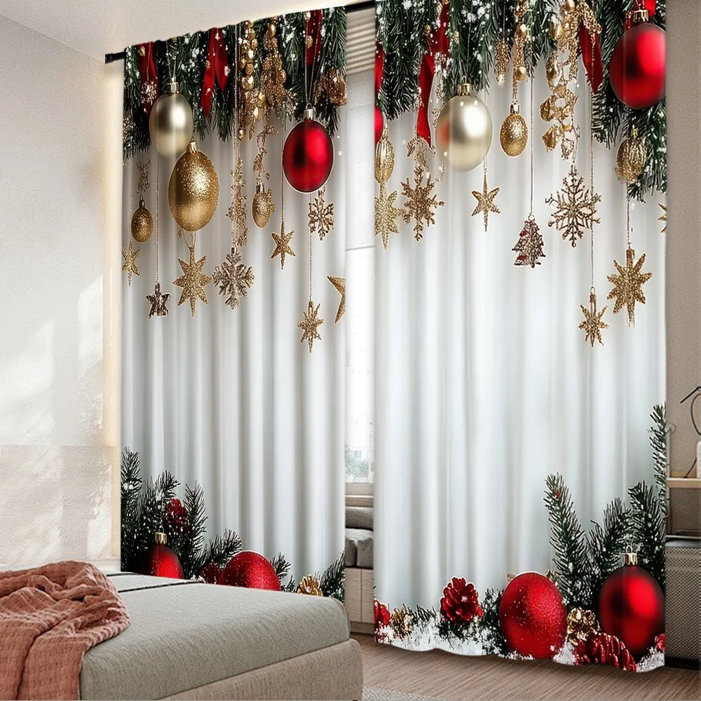 2 Stück 2D-Flachdruck-Vorhänge für frohe Weihnachten, festliche Ornamente (4) Digitaldruck-Polyester-Vorhänge, Party- und Urlaubsdekoration für