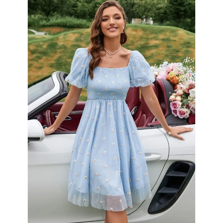 

【New style】Aveloria Modichic Floral Embroidery Mesh Shirred Puff Sleeve Dress Vacation Outfits Woman