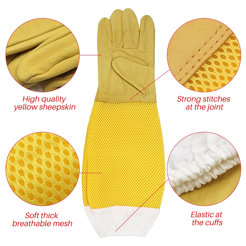 1 Pair Beekeeping Gloves Protective Sleeves Breathable Long Mesh Sheepskin Gloves for Apiculture Beekeeping Equipment