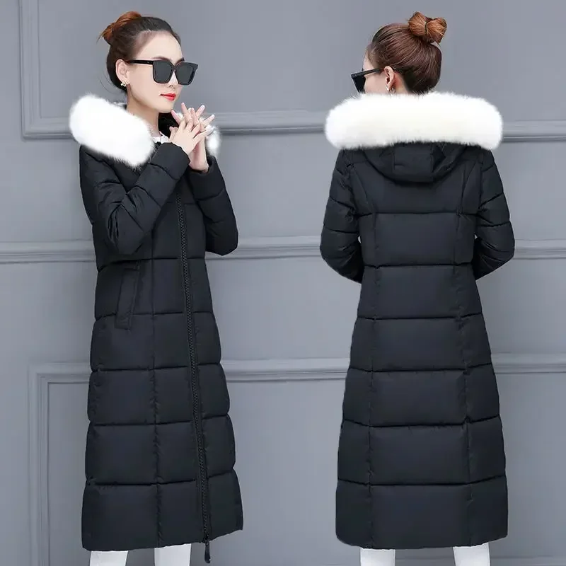 Fashion Winter Womens Cold Coat Long Fur Collar Hooded Padded Jacket Super Hot Snow Outercoat Slim Fit Keep Warm Cheap Wholesale