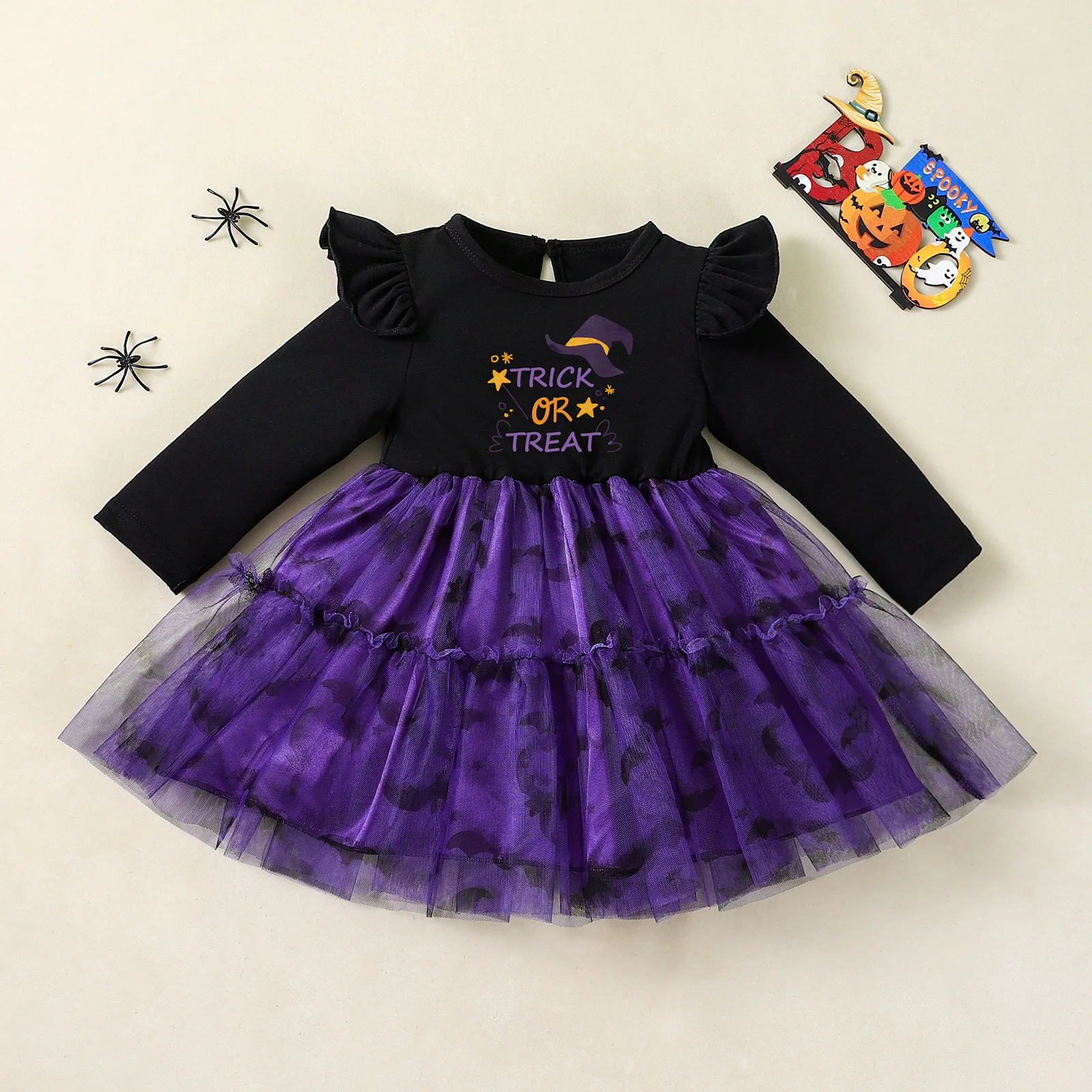 

Kids Girl Clothes Halloween Costume Mesh Princess Dress Bat Print Purple Dress Children Long Sleeve Autumn Birthday Dress Party