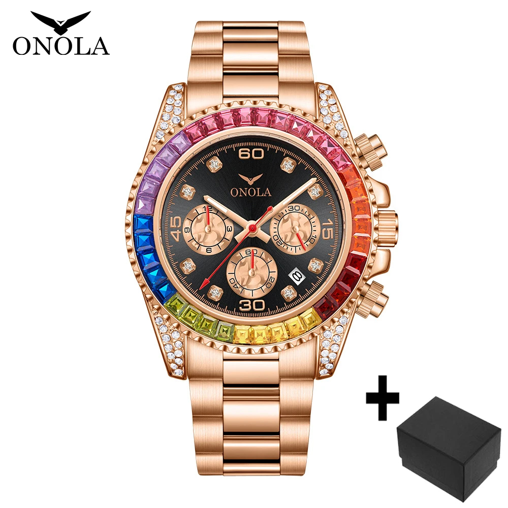 ONOLA Fashion Iced Watch For Men Luxury Square Rainbow Diamond Quartz Watches Rose Stainless Steel Dress Wristwatch Man Reloj