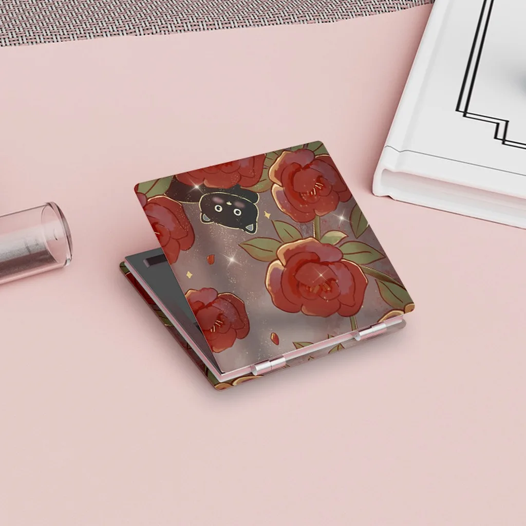 Portable Foldable Makeup Mirror Vintage Rose Pattern Compact Cosmetic Mirror Double Sided with 2X Magnifying Mirror