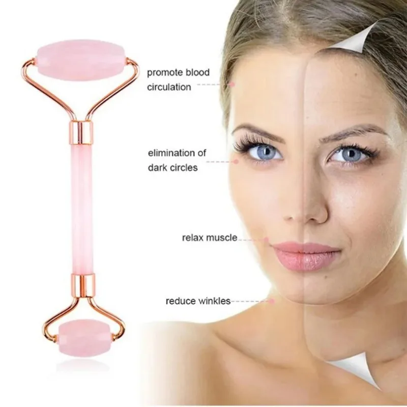 Scraping Board Massager Pink Quartz Jade Double Head Roller Massager Heart Shaped Face Eye Massage Scraping Combination Set