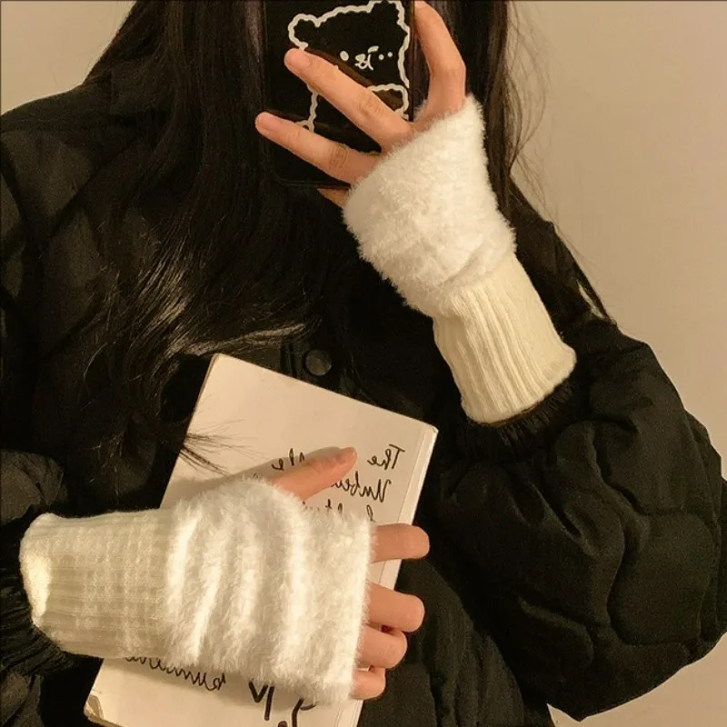 Winter Plush Half Fingered Gloves Women Warmth Mink Fleece Soft High Quality Solid Color Arm Sleeve Fingerless Glove Accessories