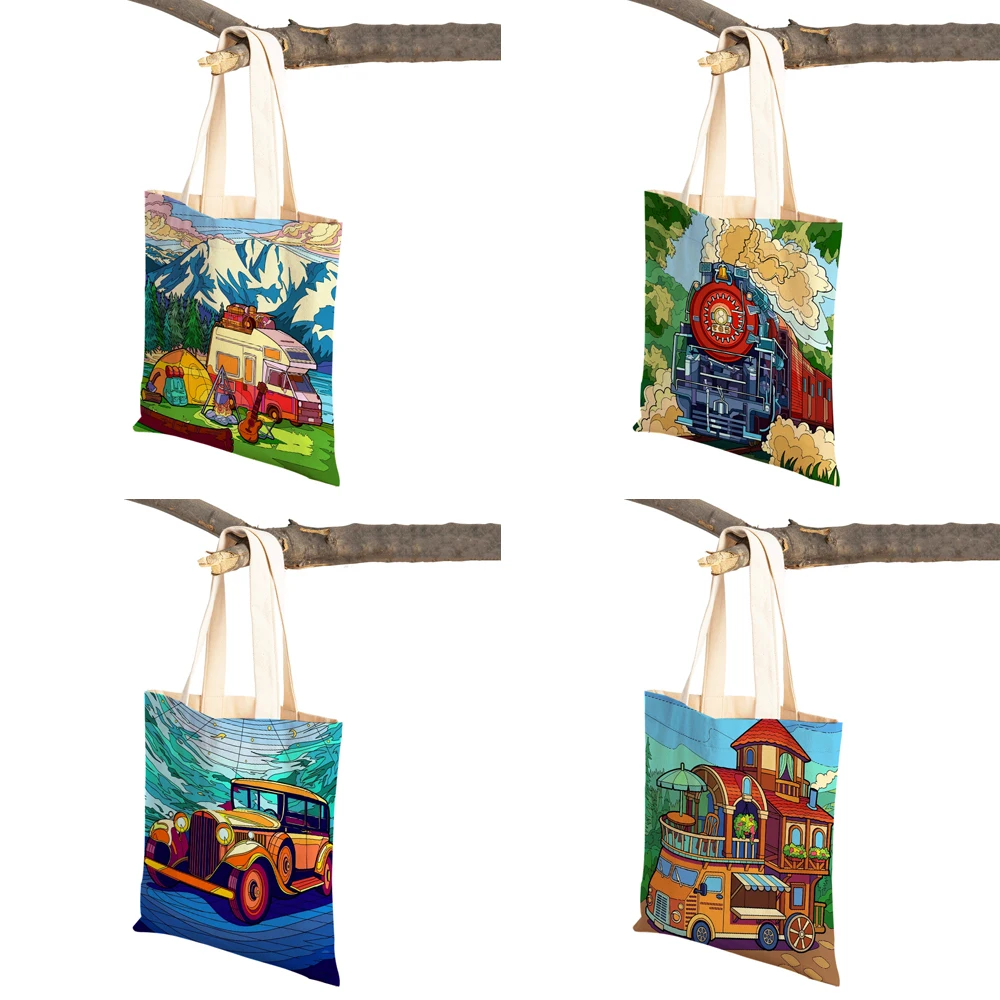 Fashion Happy Camper Art Cartoon House Tote Handbag for Women Casual  Both Sides Colorful Travel Car Lady Canvas Shopping Bag