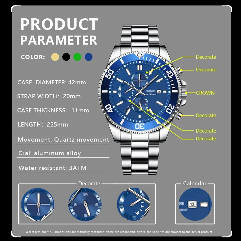 Fashion Mens Sports Watches Man Luxury Luminous Clock Men Business Waterproof Calendar Date Stainless Steel Quartz Wrist Watch