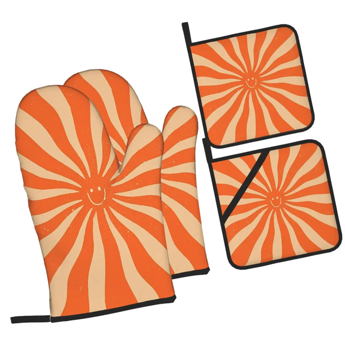Retro Sun Vintage 70s 2 Orange Oven Mitts and Pot Holder Sets of 4 for Baking Kitchen Cooking Grilling Resistant Non-Slip Gloves