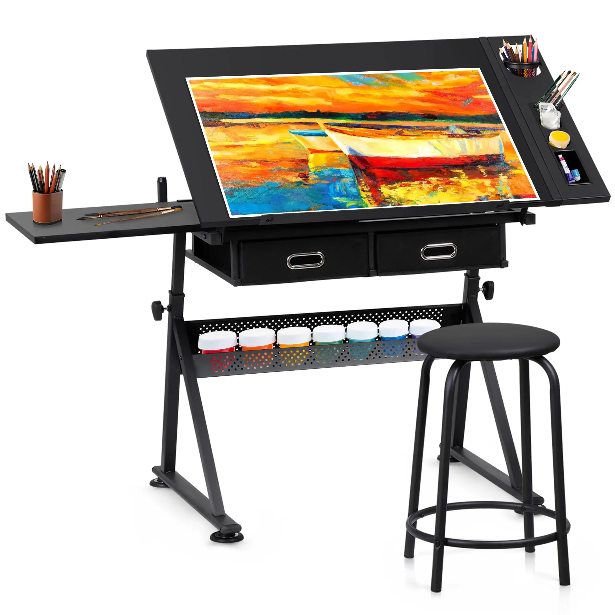 Adjustable Drafting Table with Stool Tilting Drawing Desk Artist Table