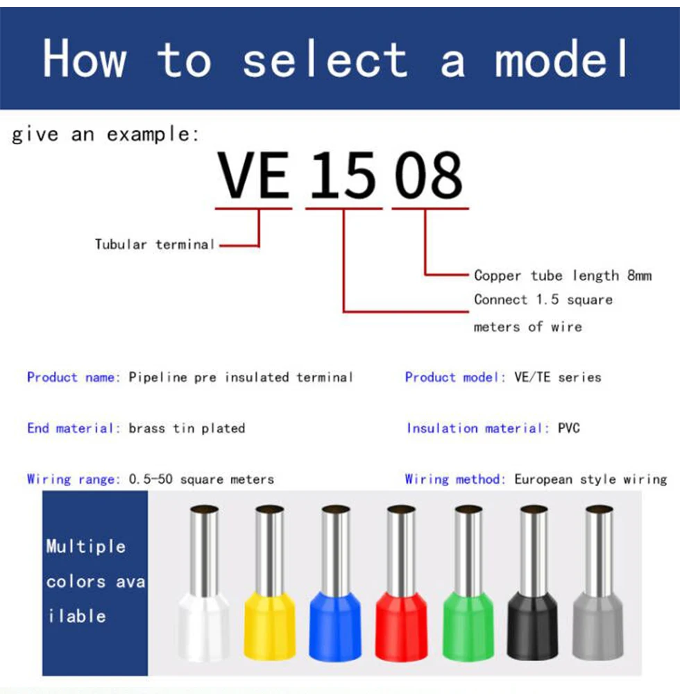 100pcs/Pack E10-12 E10-18 10.0mm² Insulated Ferrules 10MM² Terminal Block Cord End Wire Connector Electrical Crimp Terminator