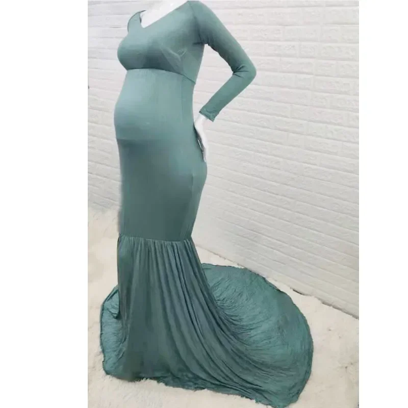 V-Neck Long Tail Patchwork Shoulderless Maternity Dresses For Photo Shoot Photography Props Dresses For Pregnant Women Maxi Gown