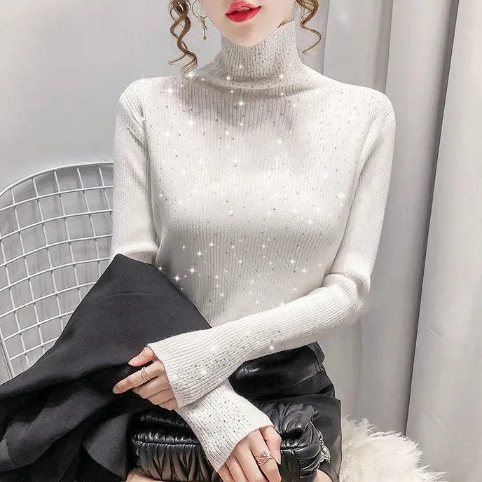 

Winter Turtleneck Sweaters Women Sparkling Diamond Tops Slim Fit Pullover Women Knitted Sweater Jumpers Thick Warm Pull