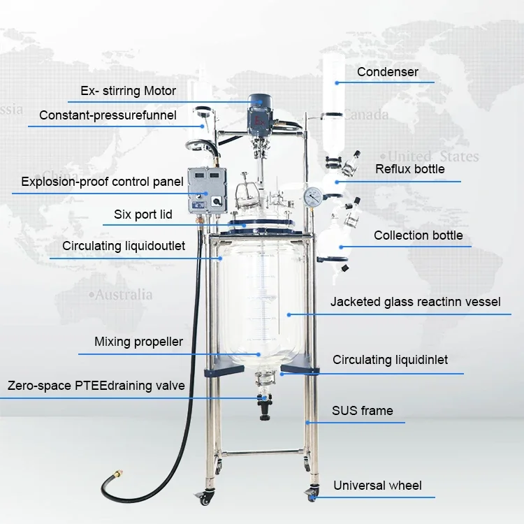 YUHUA Explosion Proof Industrial Chemical 5L 10L 50L 100L Lab Glass Reactor Jacketed crystallization reactor