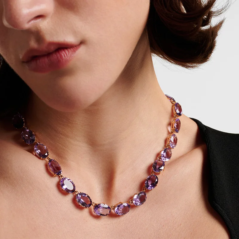Luxury Charm Purple Crystal Clavicle Chain Necklace Women Elegant Trendy Designer Geometric Ellipse Rhinestone Collar Wholesale