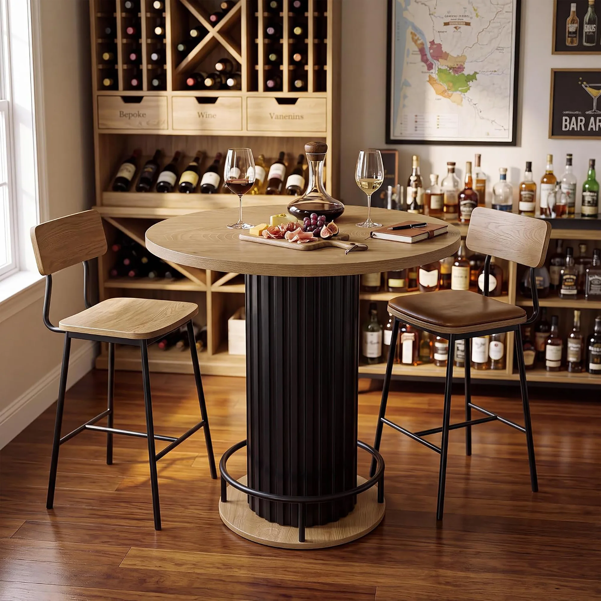 31.5 Inch Round Bar Table, 39.4 Inch High Bistro Pub Table With Iron Wave Base, Footrest, Wood Grain Top For Small Spaces Home