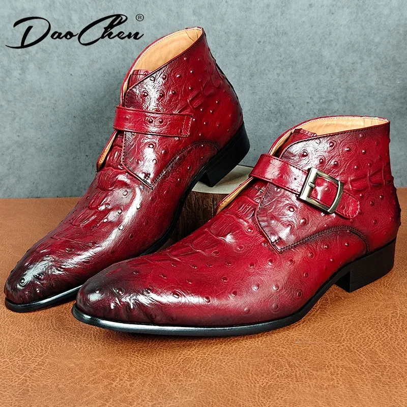 

AUTUMN WINTER MENS ANKLE BOOTS LUXURY QUALITY OSTRICH CROCODILE PRINT CASUAL DRESS BOOTS SHOES BUCKLE STRAP SLIP ON BOOTS MEN