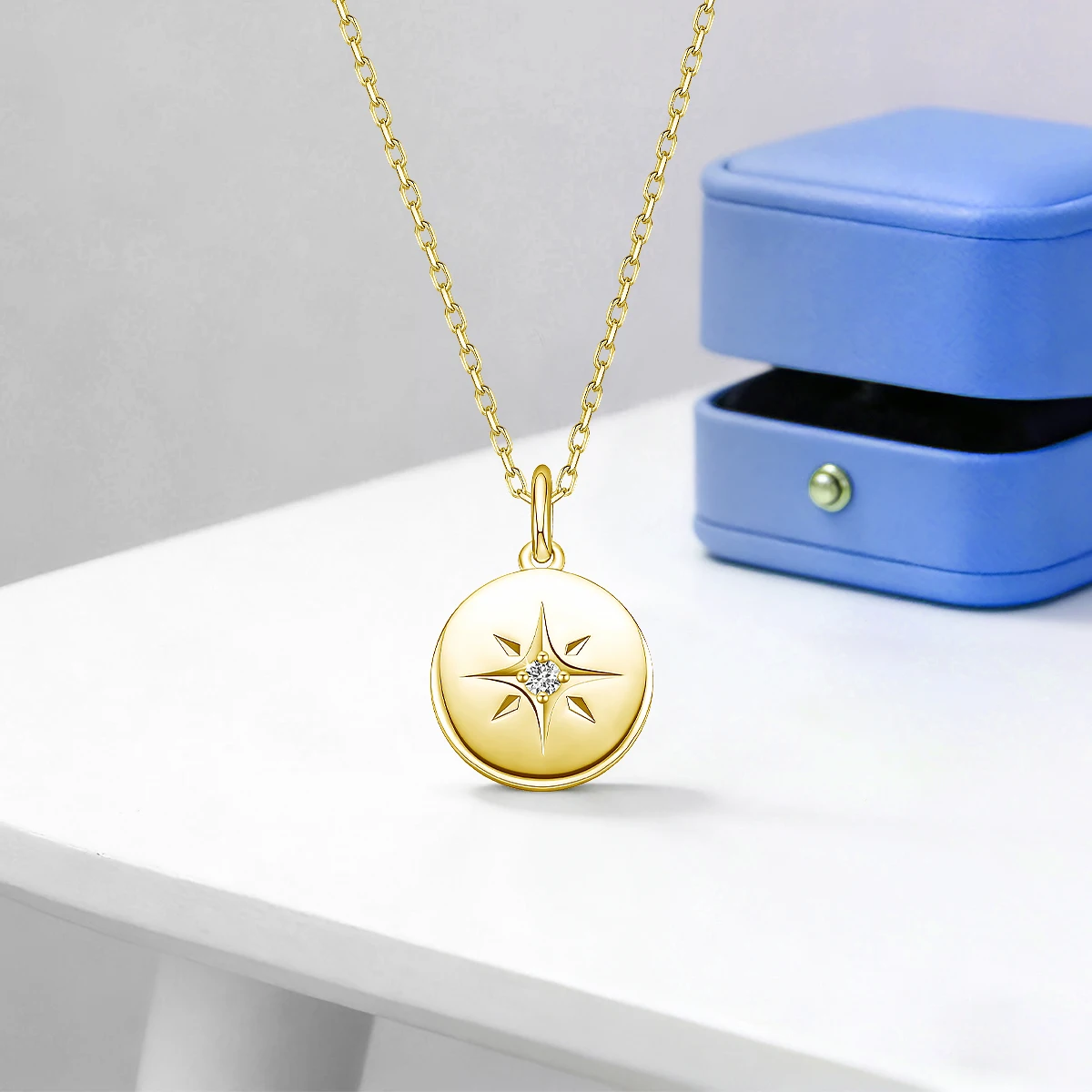2mm Moissanite Compass Star Round Pendant Necklace Real 14k Gold Filled Minimalist Lucky Gift for Women Fashion Jewelry
