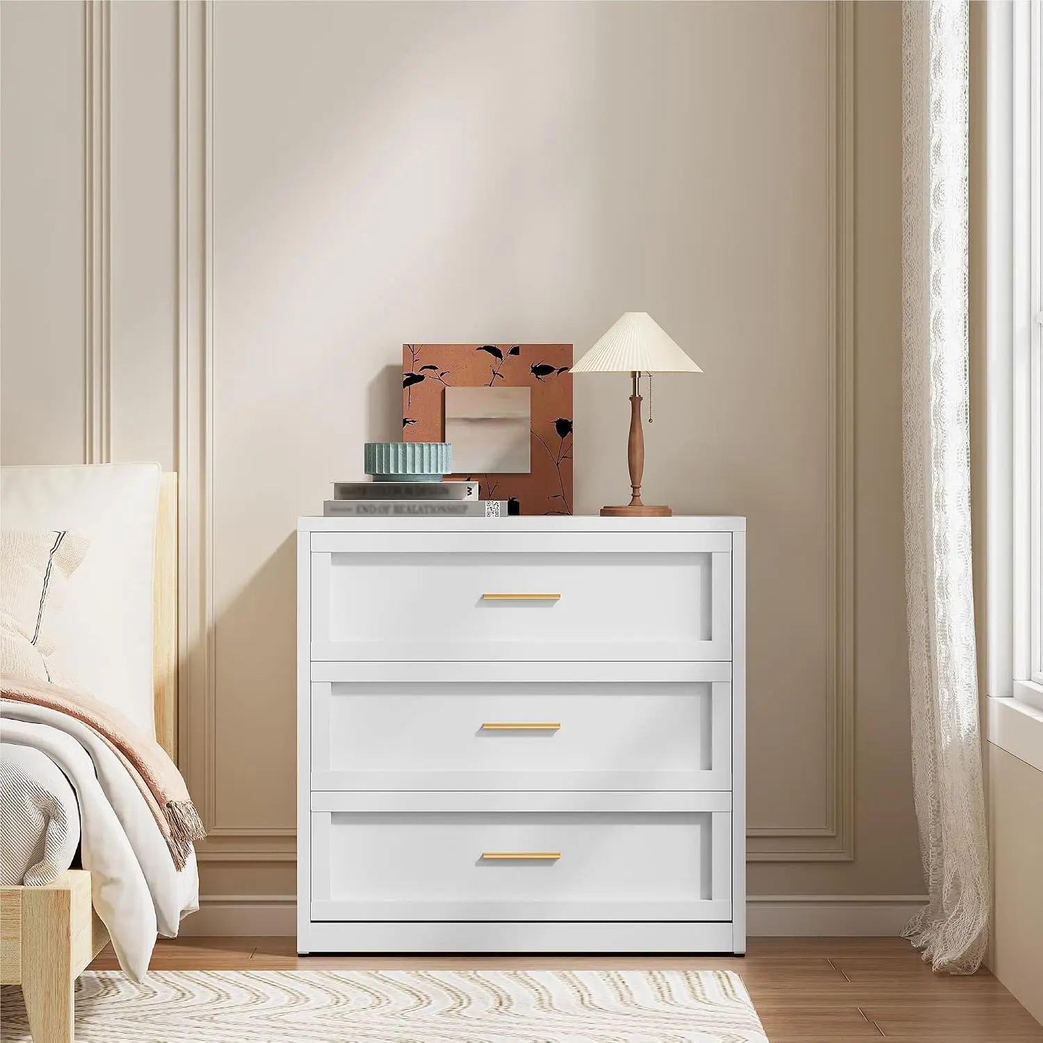 3-Drawer Heavy Duty Steel Dresser with Smooth Glide & Anti-Tip Safety for Entryway Bedroom, White, Customized