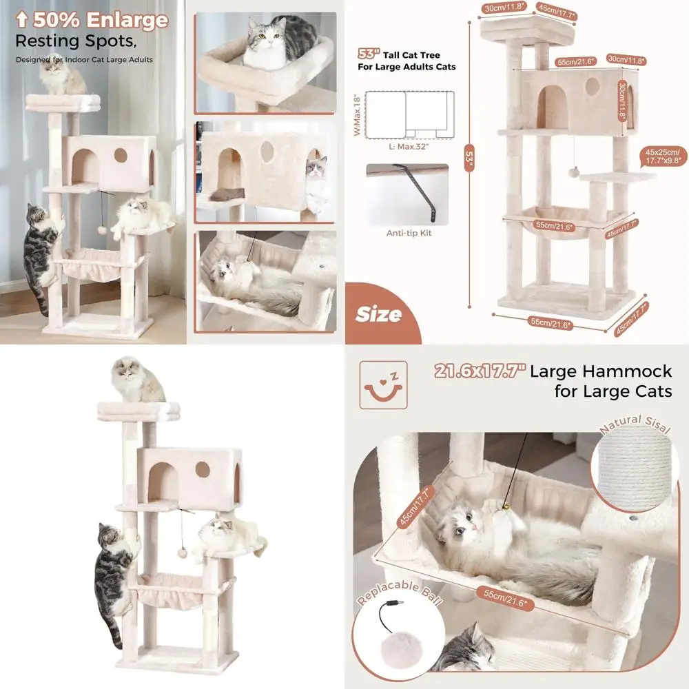 

Большая бежевая кошачья лежанка-башня 54 дюйма с гамаком XL, когтеточками, верхней лежанкой, домиком и шариком для домашних кошек