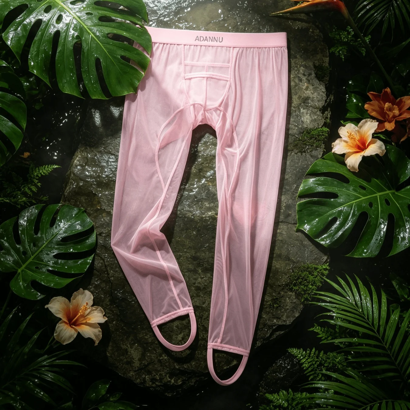 Mens Mesh Long Base Layer Pants Light Breathable Mesh Material Wide Elastic Waist Slim Fit Transparent Trousers Home Casual Men