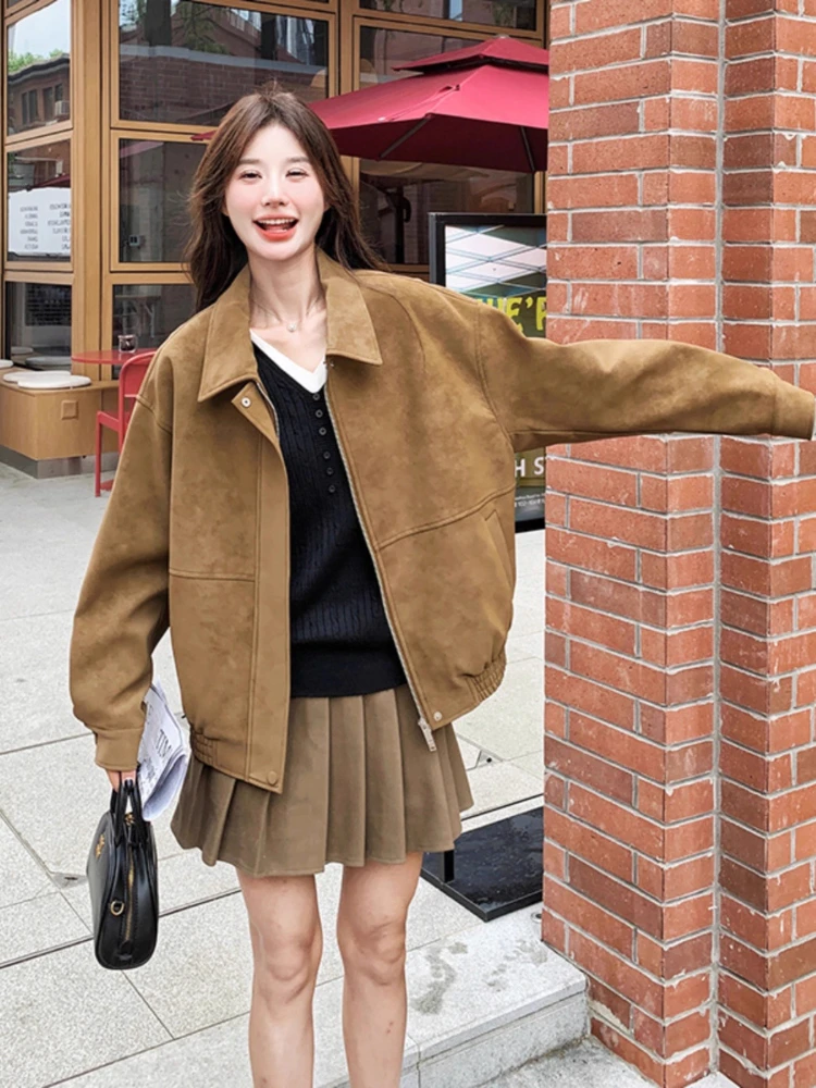 Chaqueta de béisbol de gamuza Camel para mujer, abrigo recortado de estilo universitario coreano, ropa de abrigo de gamuza sintética suave y pequeña, otoño y primavera