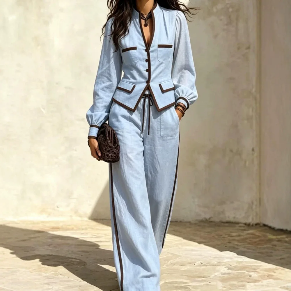 Elegant Women Two‑Piece Set Autum Fashion V-neck Long Sleeve V-neck Button Top High Waist Drawstring Wide Leg Pants Casual Suits
