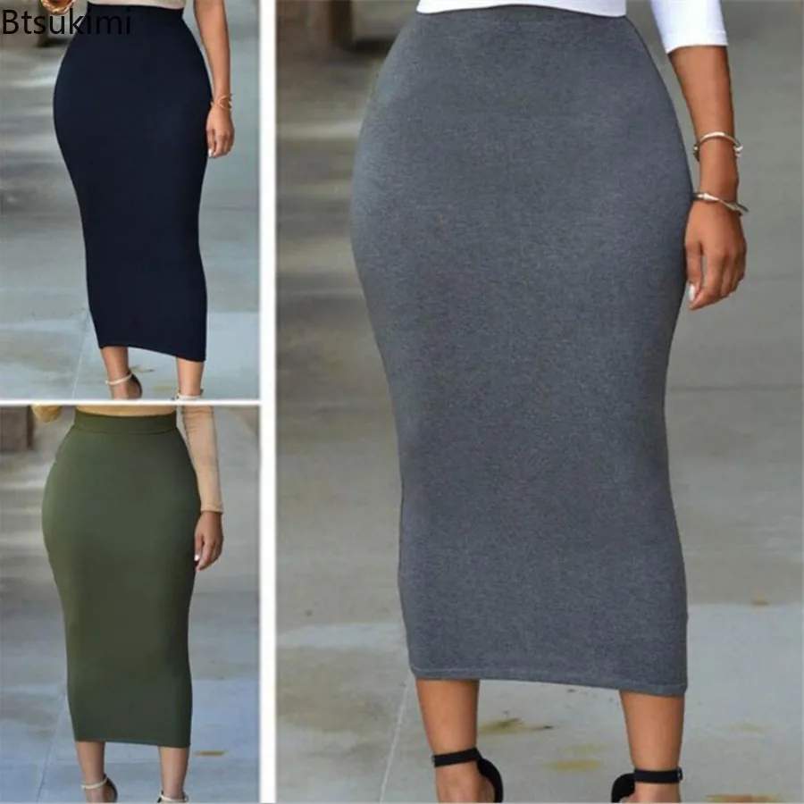 Women Solid Elastic Ribbed Bodycon Sheath Skirt High Waist Midcalf Length Slim Dating Comfortable Daily Casual Pencil Midi Skirt