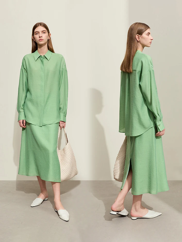 AMII Minimalism Dress Sets 2024 Spring New Office Lady Women Blend Long Loose Shirt + Solid Half-body Skirt Female Suit 12421009