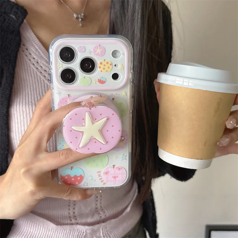 

Coquette Aesthetic Colorful Print Magnetic Phone Case For iPhone 17 16 Pro 15 14 Pro Max with Pink Star Stand Holder Shockproof